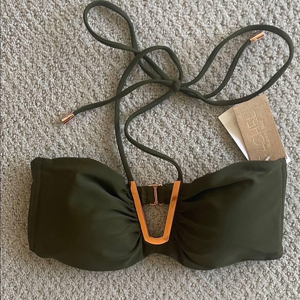 🌿 Rachel Roy Dark Green Bandeau Bikini Top Gold U-Bar | Size Small | NWT